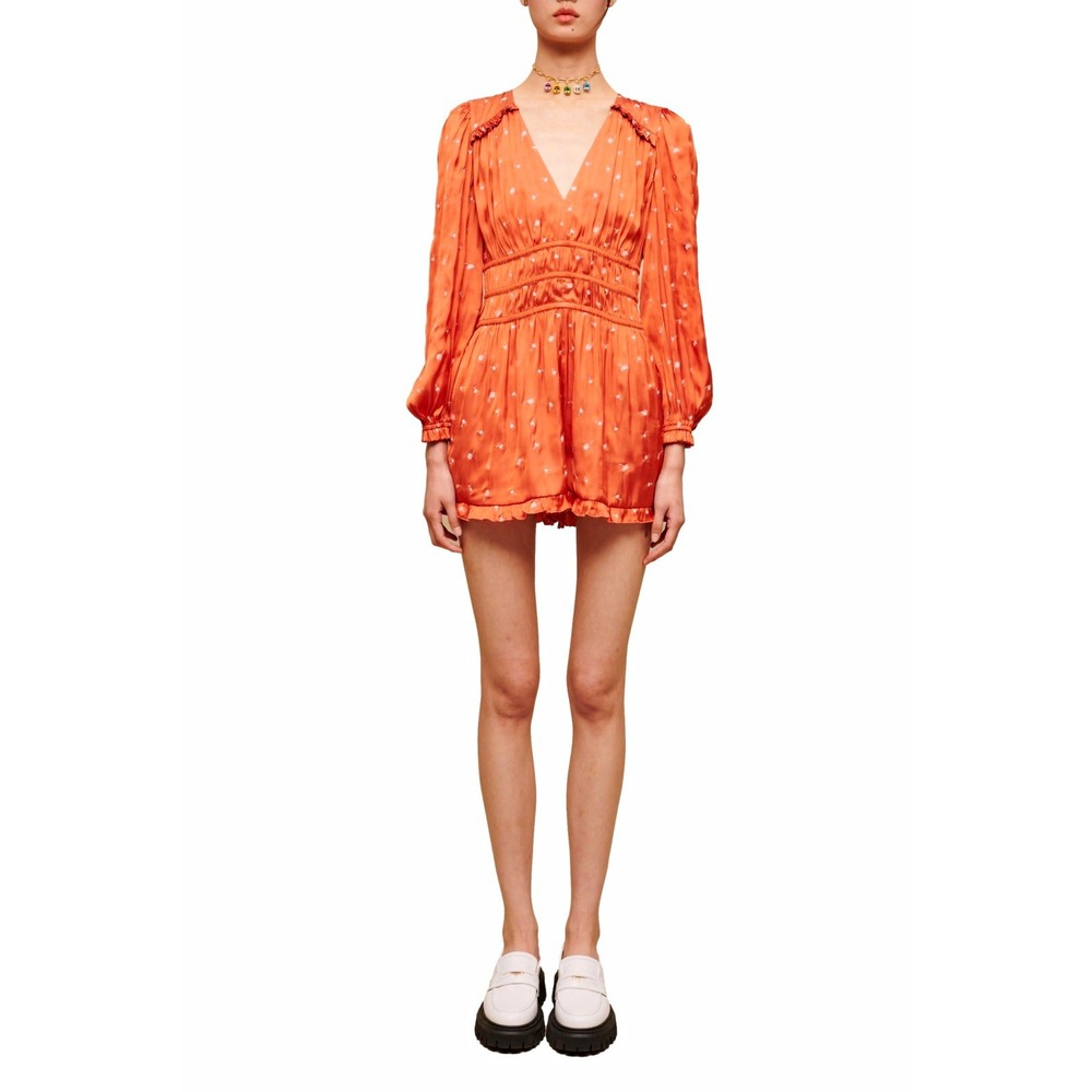 Maje Paris lane NWT Women's Orange Floral Embroidered Satin Ruffle Romper Sz 10
